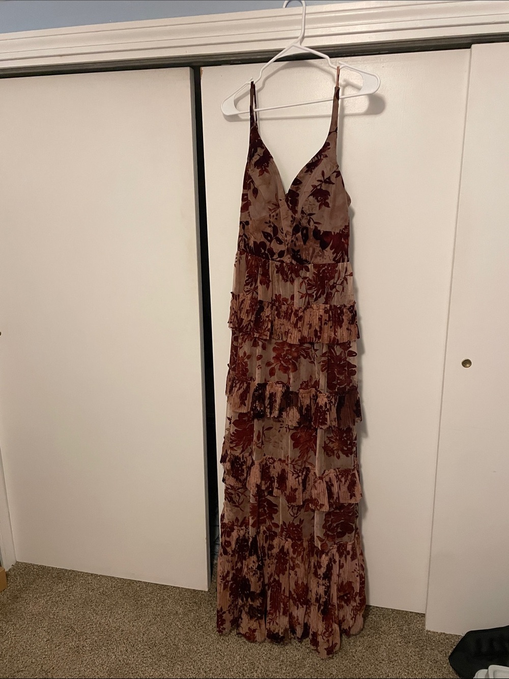 Azazie Mauve and Burgundy Floral Tiered Maxi Dress